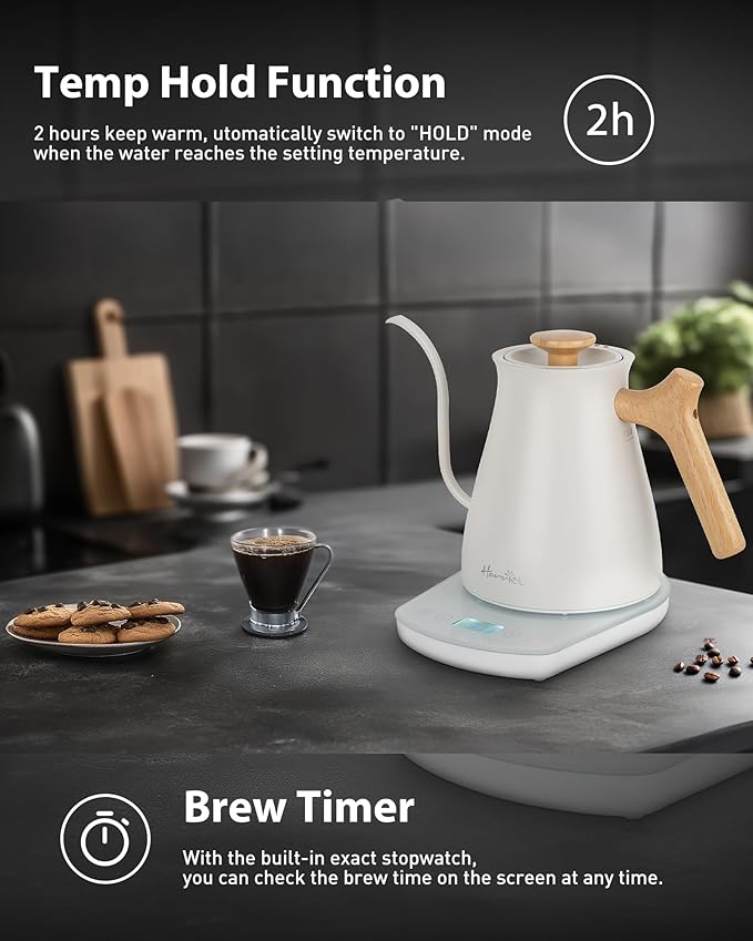 Harriet Gooseneck Electric Kettle - 1200W Fast Heat, 0.8L Stainless Steel, Precision Temp Control & Timer, Wood Handle, Pour Over Coffee and Tea, White