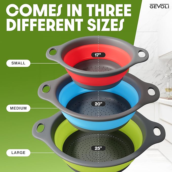 Collapsible Colanders with Self-Draining Base for Edge of Sink, Food Strainers (Small/Med/Large), Nested Design for Easy Storage (Red, Blue, Green) (4PC Set)