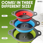 Collapsible Colanders with Self-Draining Base for Edge of Sink, Food Strainers (Small/Med/Large), Nested Design for Easy Storage (Red, Blue, Green) (4PC Set)