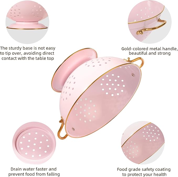 Metal Colander Set of 2, Strainer Basket with Handles 3.5 & 5 Qt Powder Coated Self-draining Solid Ring Base Metal Large Kitchen Colander Bowel for Pasta Vegetable Fruit (PINK), 2pack