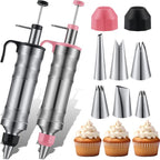 Uiifan 2 Sets Icing Decoration Gun Set Dessert Decorating Decorator Syringe Cake Decorating Tool and 12 Pcs Russian Piping Icing Nozzles Cupcake Filling Injector Cake Tool for Baking(Pink, Black)