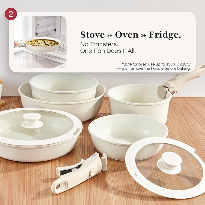 GOURMETIFIC® Pots and Pans Cookware Set [11 PIECES] - Non Toxic Ceramic Coated Cooking Ware - Induction, Gas & Oven Kitchenware - Non Stick Pot & Pan with Removable Handles & Stackable (Cream)