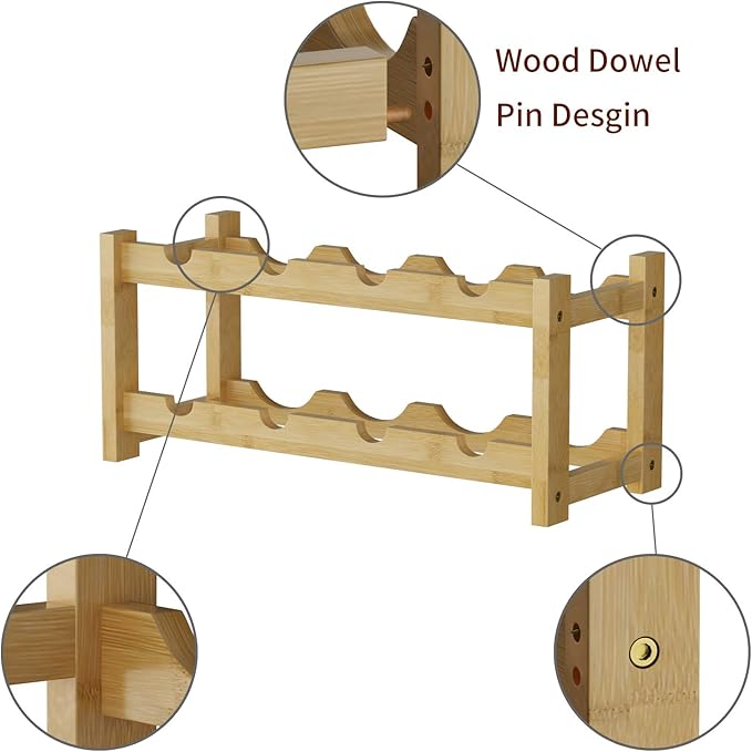 BAMEOS Wine Rack Freestanding 8 Bottle 2 Tier Bamboo Wine Racks Countertop Cabinet Wine Holder Wine Storage Shelf for Kitchen, Bar, Pantry, Wine Cellar, Basement, Countertop (16.85 L x 9.25W x 7H)