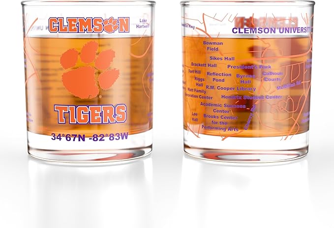 Greenline Goods – University of Clemson Tigers College Whiskey Glasses (Set of 2), 10 oz – Full-Color Logo + Campus Map