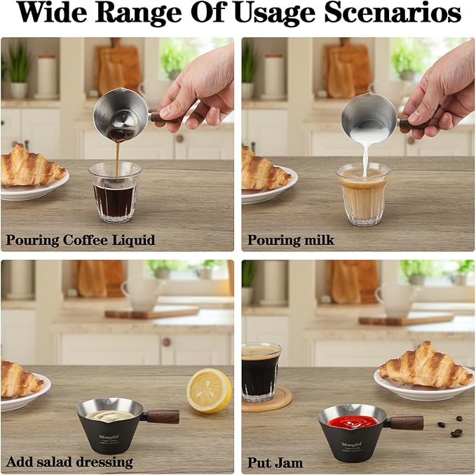 Mongdio Espresso Measuring Cup, Stainless Steel Espresso Shot Cups with Wooden Handle and Double Spouts, 3.4OZ/100ML, Black