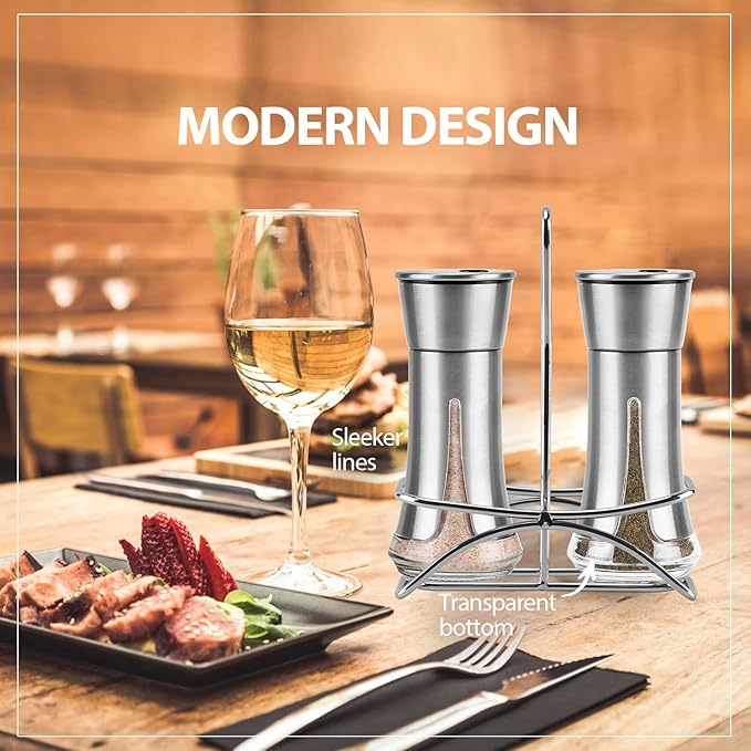 Aelga Salt and Pepper Shakers with Holder, Salt Shaker for the Kitchen with Adjustable Pour Holes for Himalayan, Kosher, and Sea Salts