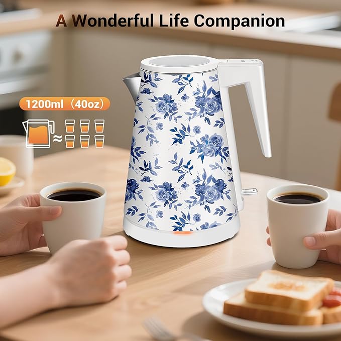 1.2L Double Wall Stainless Steel Interior Water Boiler, Cordless, 1000W Fast Boil with LED Light Coffee Pot & Tea Electric Kettle, Auto Shut-Off and Boil-Dry Protection (Big Daisy)
