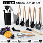 P&P CHEF Silicone Cooking Utensils Set, 12PCS Kitchen Utensils Set with Wooden Handle for Nonstick Cookware, Ladle, Spoon, Spatula, Tong, Heat-resistant & Non-scratch, Non Smell & Healthy, Black