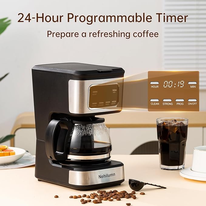 5-6 Cup Programmable Coffee Machine, Reusable Filter, Coffee Pot, Water Level Indicator, Automatic Shut-Off, Black&Stainless Steel