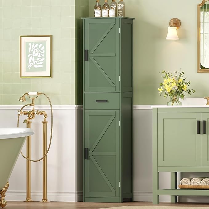 WEENFON Tall Bathroom Cabinet, Narrow Storage Cabinet with 6 Shelves & Drawer, Storage Cabinet with Adjustable Shelves, Tall Cabinet for Living Room, Home Office, Forest Green