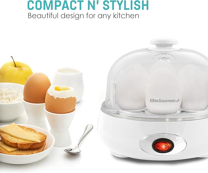 Elite Gourmet EGC322CW Easy Egg Cooker Electric 7-Egg Capacity, Soft, Medium, Hard-Boiled Egg Cooker with Auto Shut-Off, Measuring Cup Included, BPA Free, Classic White