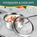 DELARLO Tri-Ply Stainless Steel Induction Saucepan, 1.5 QT with Lid, All Stove Compatible 600, Small Pots for Cooking, Heavy Duty Saucier, Dishwasher Safe