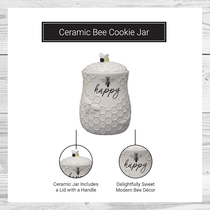 Young's Inc. Ceramic Honey Bee Cookie Jar with Lid and Handle – Honeycomb Design, 5.75" x 5.83" x 7.87", Decorative and Functional Kitchen Storage - Tea Canister