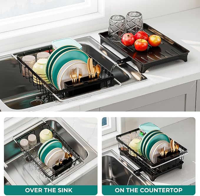 Small Dish Drying Rack in Sink, Expandable Stainless Steel Dish Drainers for Kitchen Counter, with Drain Board & Utensil Holder(Black)