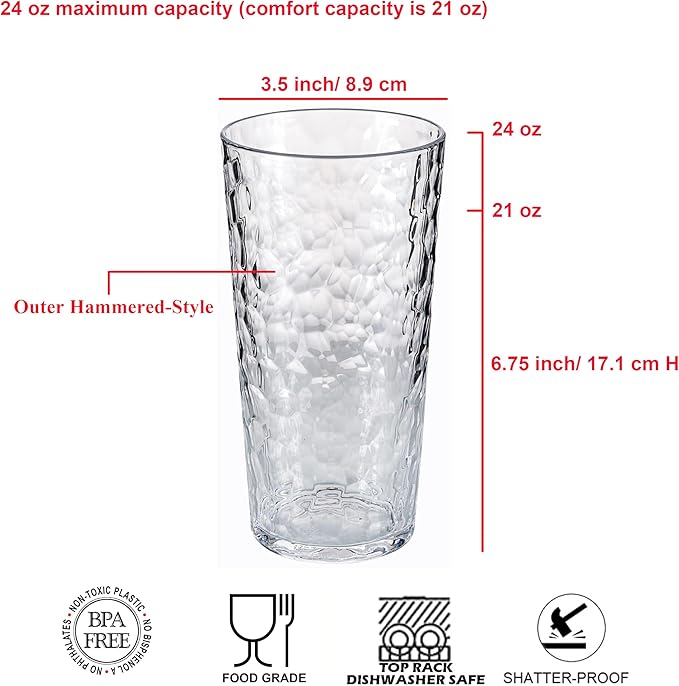 KOXIN-KARLU Hammered 24-ounce Plastic Tumbler Acrylic Glasses Drinking Cups, set of 6 Clear
