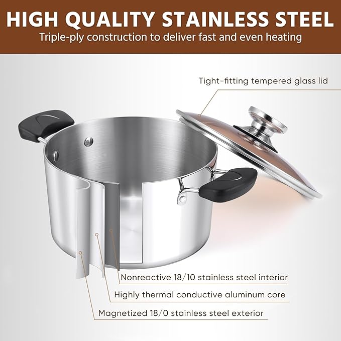 E-far 5Qt Stockpot, 3-Ply Stainless Steel Stock Pot with Glass Lid & Stay-Cool Handles for Cooking Simmering Soup Stew, Heavy Duty Cookware Works w/Induction, Non-toxic & Dishwasher Safe