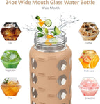 MUKOKO 24oz Glass Water Bottle with 2 Lids-Handle Flip Lid&Bamboo Straw Lid,Motivational Water Tumbler with Time Marker Reminder and Silicone Sleeve, Leakproof-Amber