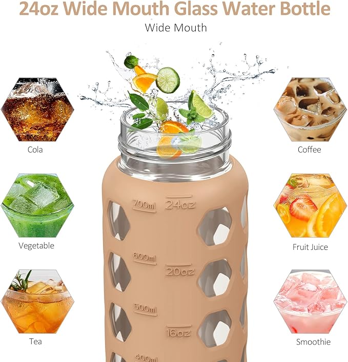 MUKOKO 24oz Glass Water Bottle with 2 Lids-Handle Flip Lid&Bamboo Straw Lid,Motivational Water Tumbler with Time Marker Reminder and Silicone Sleeve, Leakproof-Amber