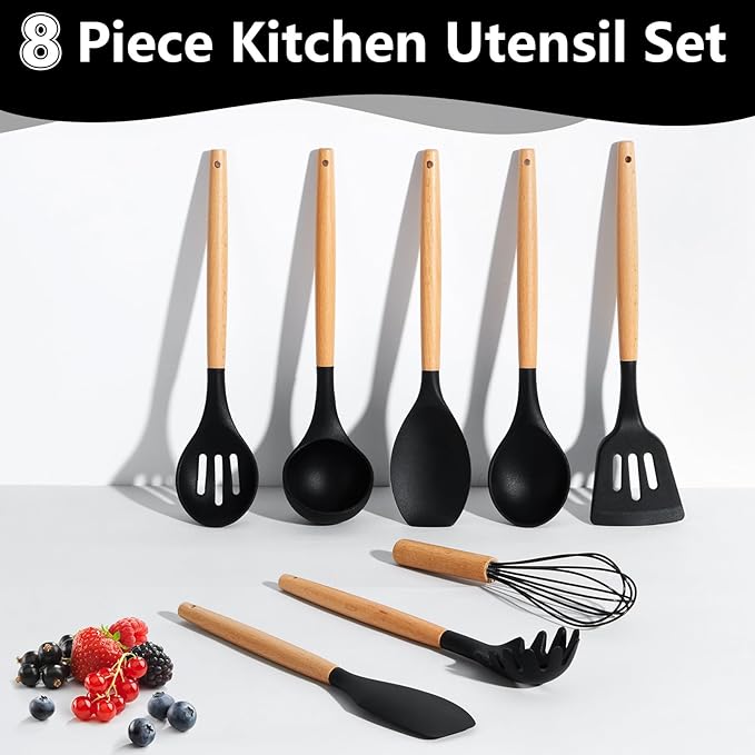 P&P CHEF Silicone Cooking Utensils Set, 8-Piece Kitchen Cooking Utensil with Wooden Handle, Silicone Spatula for Nonstick Cookware, Heat-proof & Easy Clean, Black