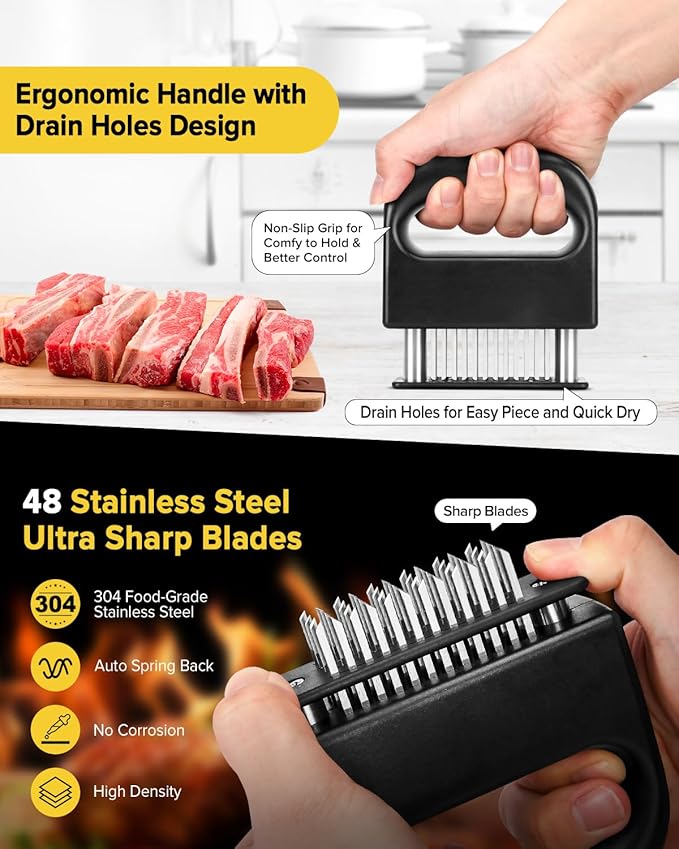 Meat Tenderizer Tool, 48 Stainless Steel Ultra Sharp Needle Blades Meat Tenderizer Stapler for Tenderizing Steak/Beef/Pork/Turkey/Fish/Poultry/Veal Marinade,Black