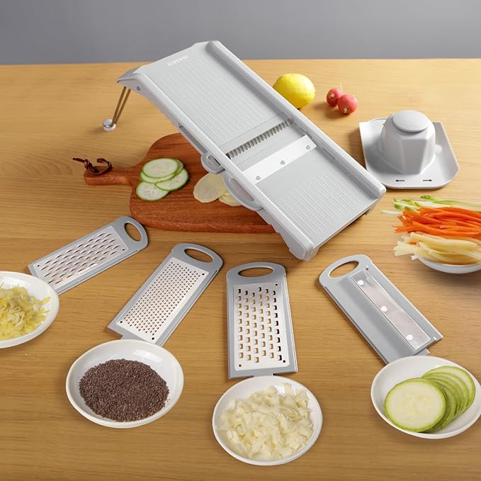 Mandoline Slicer Vegetable Chopper, Fruit Slicer, Cheese Grater & Potato Cutter with 6 Blades, Easy Kitchen Tool, Grey