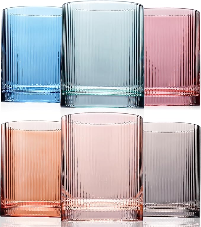 Physkoa Ribbed Drinking Glasses Set of 6 – 13 oz Vintage-Inspired Colorful Glassware – Heavyweight, Durable, Perfect for Water, Cocktails, Coffee, and Everyday Use