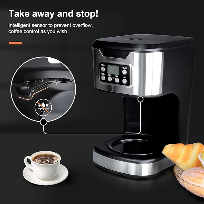 Programmable Coffee Maker 12 Cup Brew & Drip coffee machine, Fully Automatic, 1-4 Cup Setting, Stainless Steel, Keep- Warm Function, Household, Home and Office