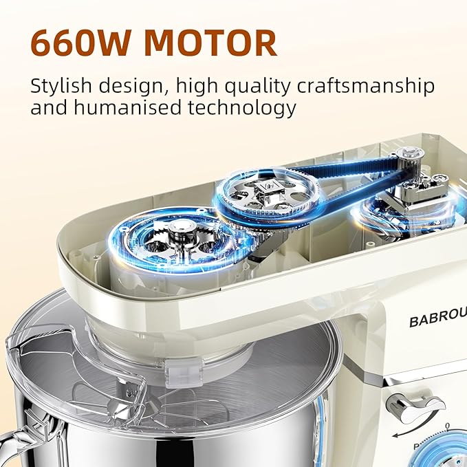 Dough Mixer 8.45 QT Electric Mixer - 660W 6 Speed Large Capacity Kitchen Stand Mixer with Whisk Dough Hook Mixing Beater Household Food Mixer for Baking Cakes Cookie Bread Salad (White)