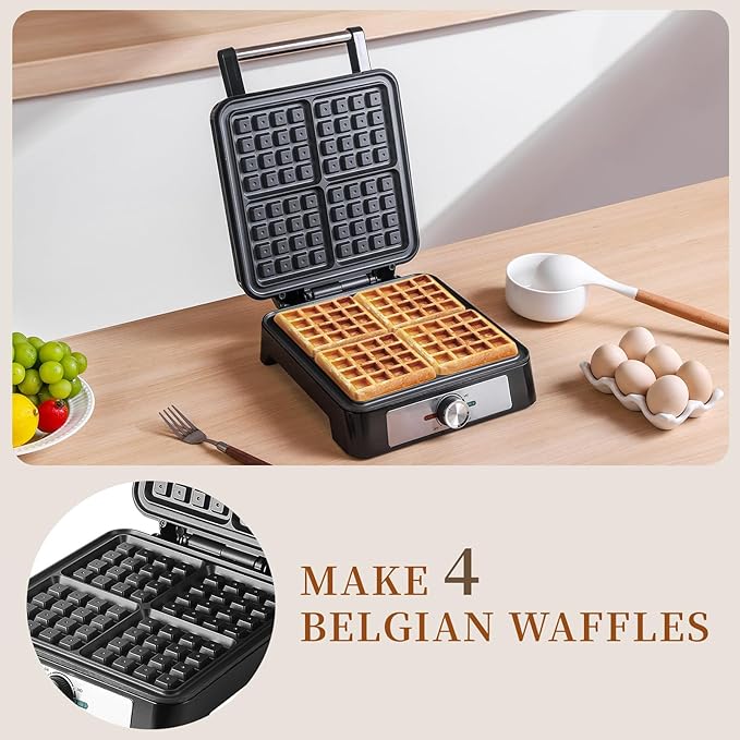 Waffles Maker Waffle Iron, 4 Belgian Square Waffle Maker, Belgian Waffle Maker Thick with Non-stick Plate, Breakfast Waffle Machine Make Waffle in Minutes, 3 Browning Level, 1200W
