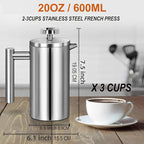 Small Stainless Steel French Press Coffee Maker 21oz(3 Cups), Double Wall Insulated for Hot& Cold Brew, Compact Coffee& Tea Press for Camping, Office, Travel with 3 Ultra-Fine Filters & Spoon- Silver