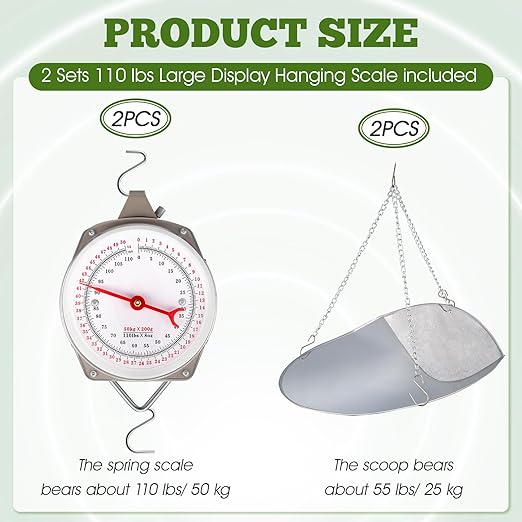 2 Sets 110 lbs Large Display Hanging Scale with Scale Scoop Kitchen Dial Weight Scale Silver Industrial Spring Scales for Shopping Traveling Food Produce Weighing