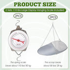 2 Sets 110 lbs Large Display Hanging Scale with Scale Scoop Kitchen Dial Weight Scale Silver Industrial Spring Scales for Shopping Traveling Food Produce Weighing