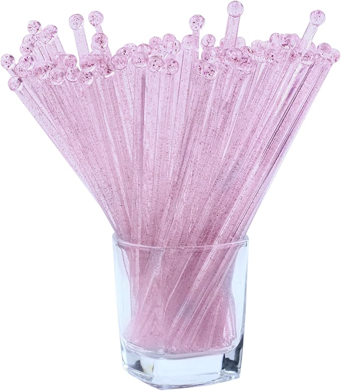 100 Pieces Disposable Plastic Round Top Clear Swizzle Sticks, Crystal Cake Stick, Cocktail Coffee Drink Stirrers Valentines Day 7.24 Inch (Pink)