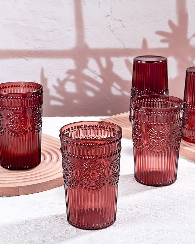 Ciaell 12 Pack Romantic Plastic Water Glasses - 14 Oz Burgundy Vintage Drinking Glasses, Embossed Ribbed Plastic Cups, Textured Striped Set for Juice, Beverages, Beer, Cocktail & Christmas
