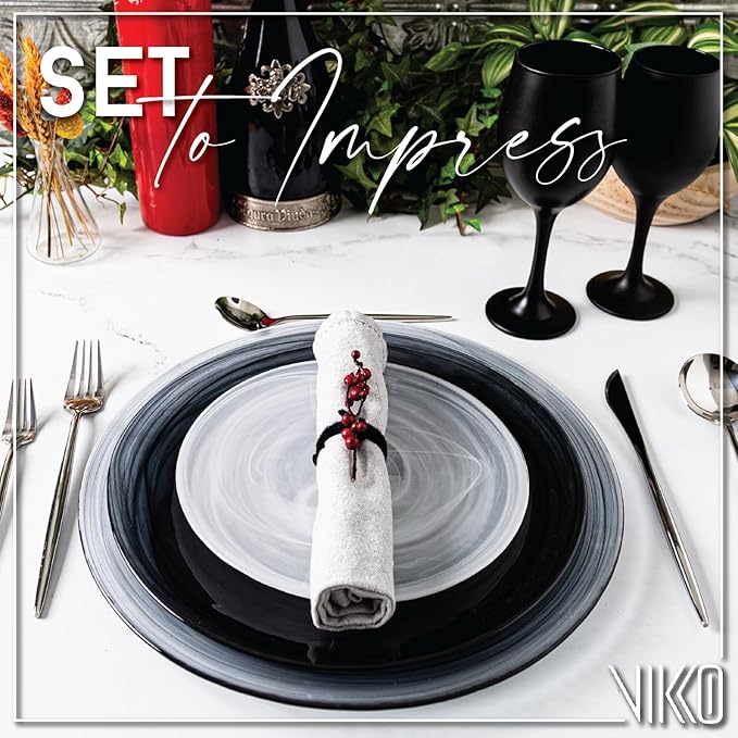 Vikko Lunch Plates, Set of 6 White Alabaster Plates, 8.5" Plate with Marbelized, Swirl Design, Elegant Glass Entree Plate, Dishwasher Safe