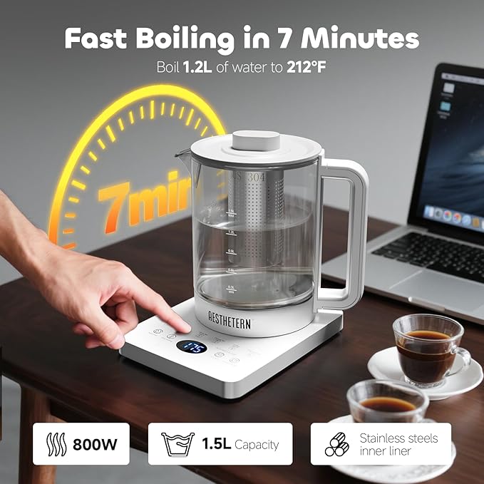 Electric Tea Kettle with Infuser, 1.5L Glass Water Boiler with Temperature Control, 24H Keep Warm & Auto Shut-Off, White