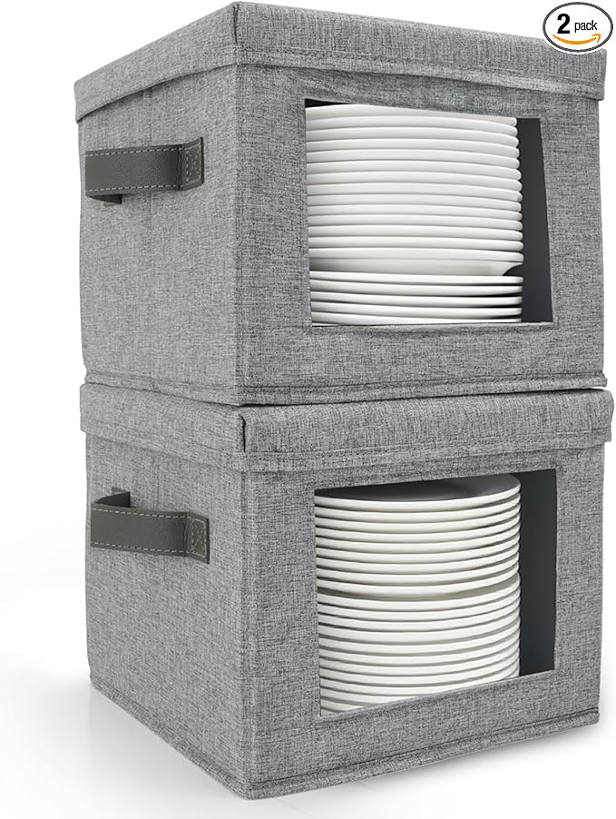 HOMELUX THEORY Plate Storage Box, 2pc 10"x8" Light Gray Hard Shell China Storage Containers, Kitchen Storage Bins With Lids, Heavy Duty Moving Box with Handles for Dishes, Dinner Plate & Dinnerware