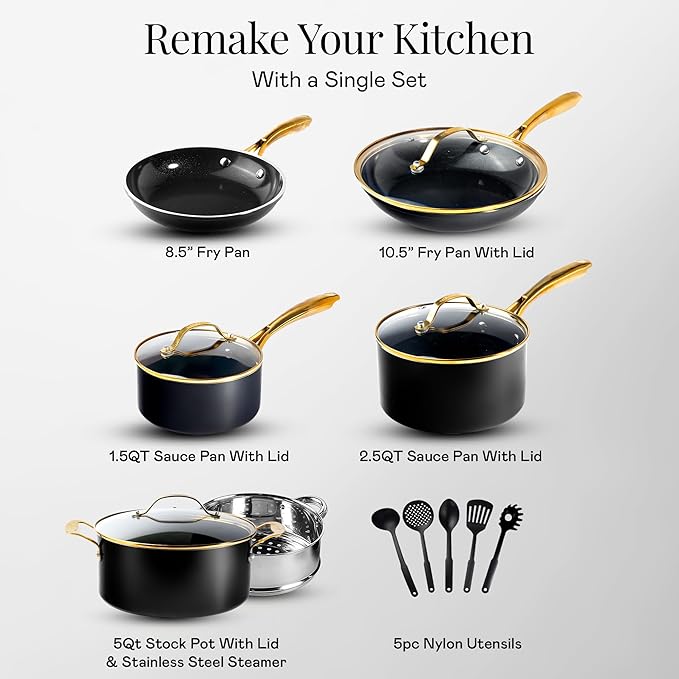 Gotham Steel 15 Pc Ceramic Cookware Set Nonstick, Ceramic Pots and Pans Set Non Stick with Steamer & Cooking Utensils, Non Toxic PFOA PFOS Free, Premium Stay Cool Handles, Oven & Dishwasher Safe