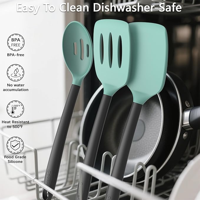 Coukre Silicone Kitchen Cooking Utensils Set with Holder – Heat-Resistant, Food-Grade Kitchen Tools, Spatula, Spoon & Gadgets for Non-Stick Pans, Dishwasher Safe (14, AquaGreen)