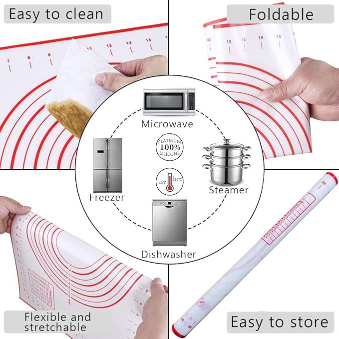 Rolling Pin and Silicone Baking Pastry Mat Set, Stainless Steel Dough Roller, Rolling Pins with Adjustable Thickness Rings, for Baking Fondant, Pizza, Pie, Pastries, Pasta, Cookies