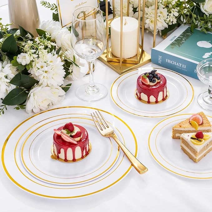 WDF 120 pieces Gold Disposable Plastic Plates - White and Gold Plates Include 10.25" Dinner Plate & 7.5" Salad Plate for Thanksgiving Weddings/Party