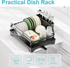 Dish Drying Rack for Kitchen Counter - Large Dish Rack with Drainboard, Rustproof Dish Drainer with Drainage Spout & Utensil Holder for Sink, Black
