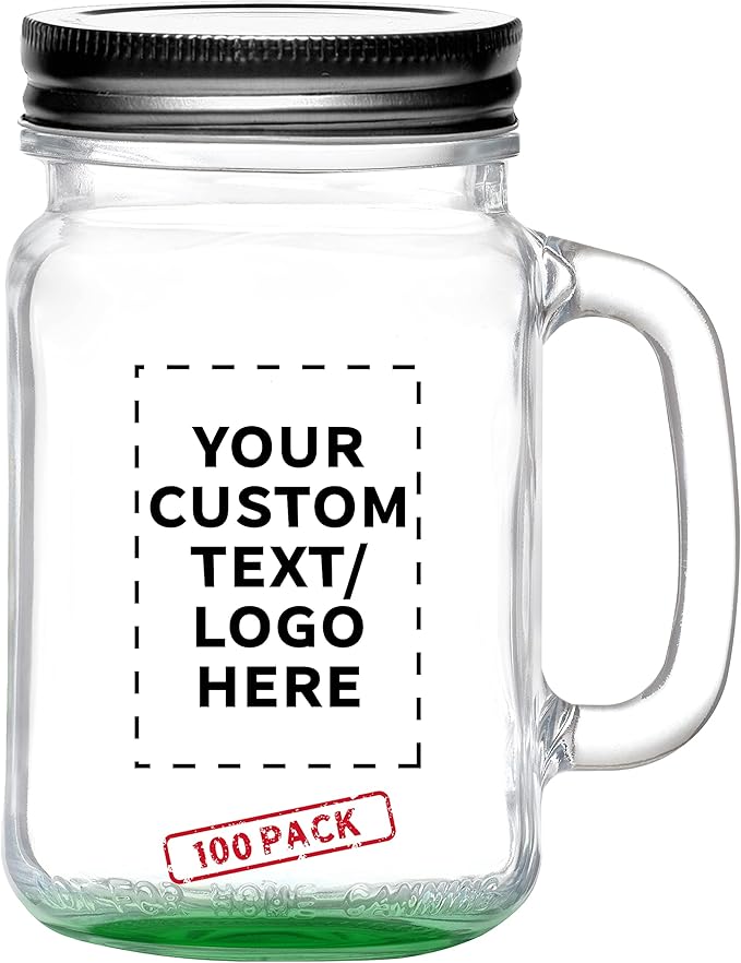 DISCOUNT PROMOS Custom Libbey Handle Mason Jars w/Lids 16 oz. Set of 100, Personalized Bulk Pack - Traditional style, High standard - Green