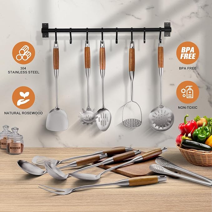 304 Stainless Steel Kitchen Utensils Set with Wooden Handle,12 Pcs Long Heat Resistant Metal Cooking Utensils Set,Spatula, Ladle, Skimmer, Spaghetti Spoon,Tongs,Potato Masher