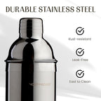 Modern Mixology 21-Piece Cocktail Shaker Set with Stand, Bartender Kit for Home Bar Accessories: 24oz Martini Shaker, Jigger, Strainer, Bar Spoon, Tongs, Opener, Muddler (Silver, Brown Stand)