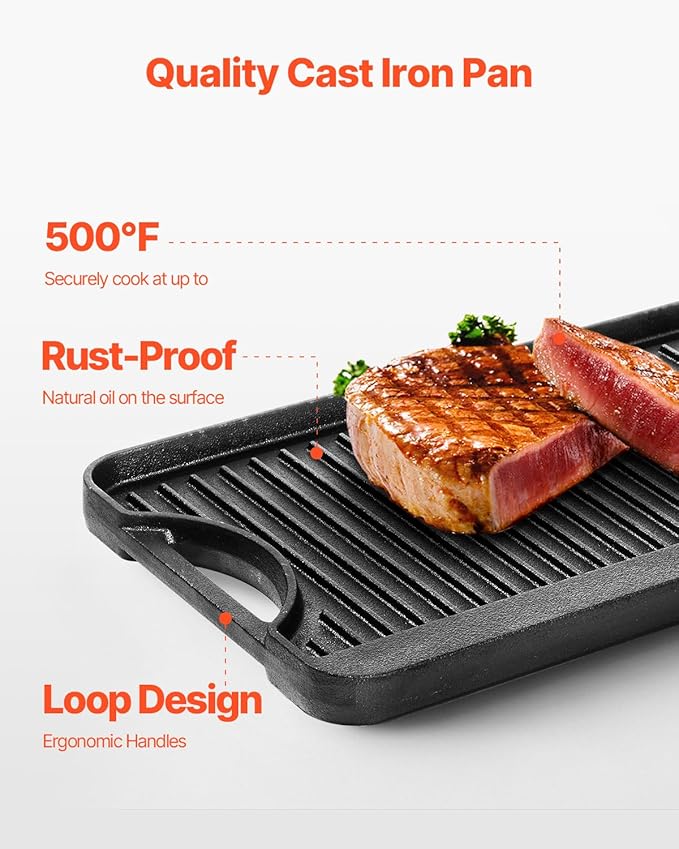 VEVOR Reversible Grill/Griddle, 20x10 inch Pre-Seasoned Cast Iron Griddle, Portable Rectangular Pan with Handle, Family Cookware for Indoor/Outdoor Stove Top Burner, Gas, Camping BBQ, Black