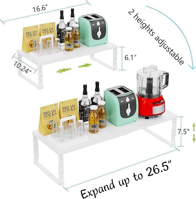 Expandable Adjustable Stackable Kitchen Organizer, Spice Rack,Metal Pantry Storage Shelves Racks,Counter Shelf for Cabinets, Countertop, Cupboard(1 Pack/Large/White)