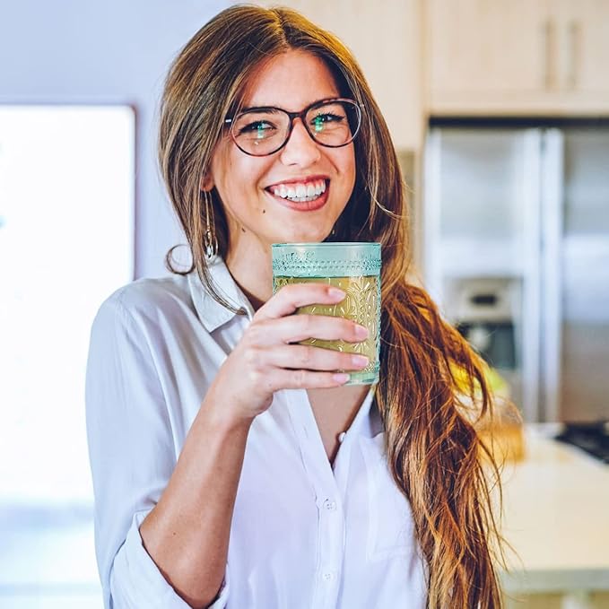 6 Pack Green Vintage Glassware Set, 10oz Textured Embossed Drinking Glasses, Colored Water Glasses, Green Glass Cups for Juice, Cocktails, Beer, Iced Tea, Soda