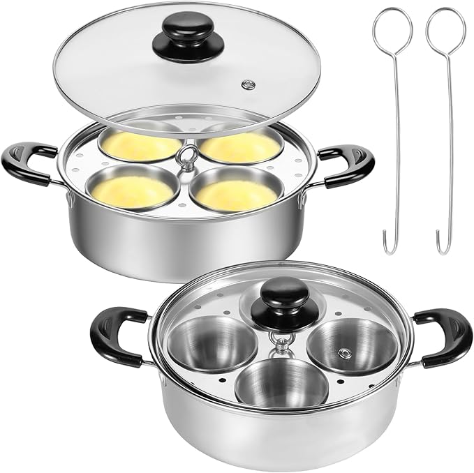 2Pcs Egg Poacher Pan Stainless Steel Poached Egg Maker with 8 Cups Nonstick Stovetop Egg Cooker Pot for Induction Cooktop (Silver, 2-Pack)