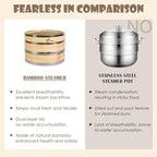 Bamboo Steamer Basket, Stainless Steel Reinforced Rim, 12-Inch 2-Tier Steamer for Cooking, 50 Liners Chopsticks Sauce Dish Dumpling Makers, Steaming Asian Food Bao Buns Dim Sum Rice Veggies Steam Pot